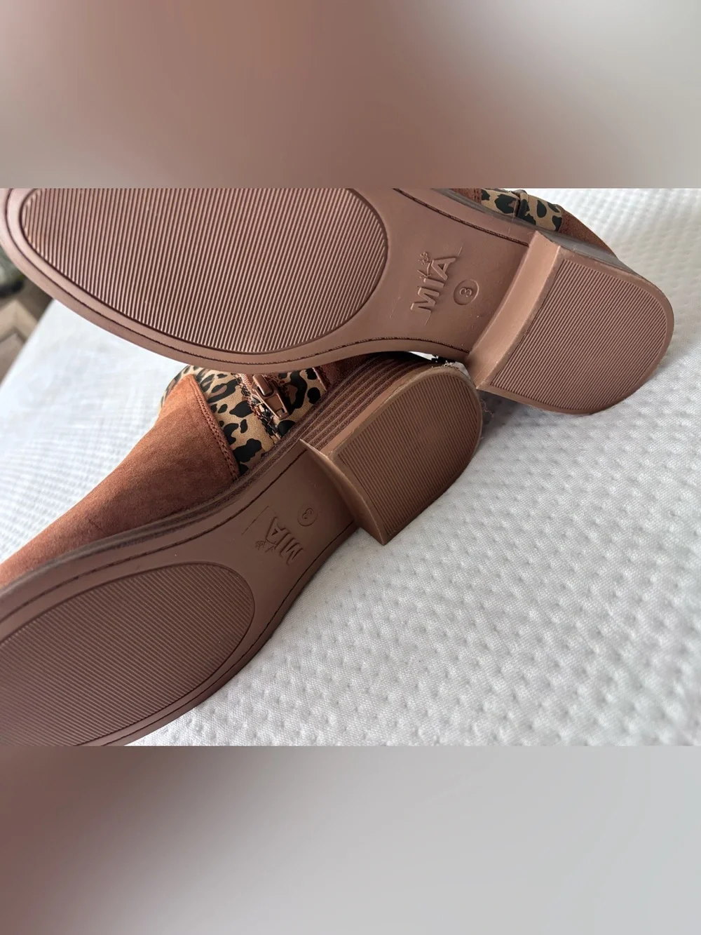 MIA Kids Tan Cognac Suede Leopard Trim Ankle Booties